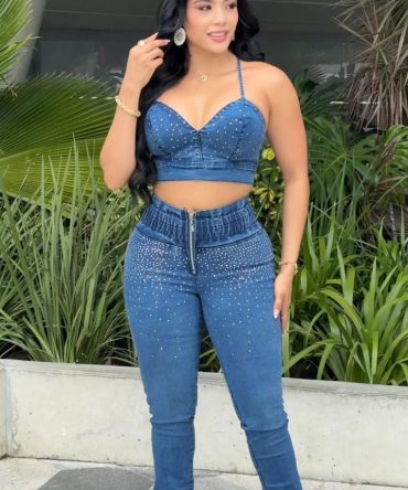 Conjunto Jean con Brillo Índigo Stretch | Crop Top y Pantalón Tiro Alto