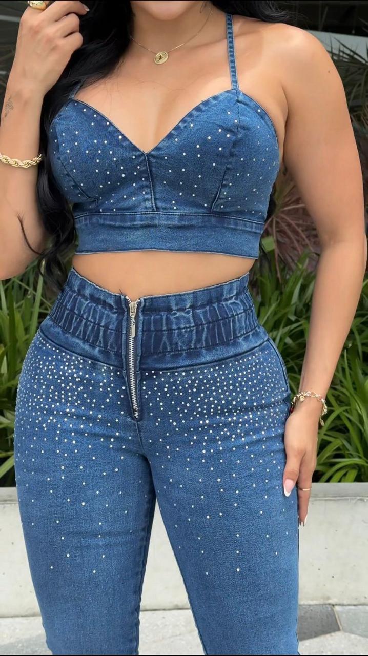 Conjunto Jean con Brillo Índigo Stretch | Crop Top y Pantalón Tiro Alto