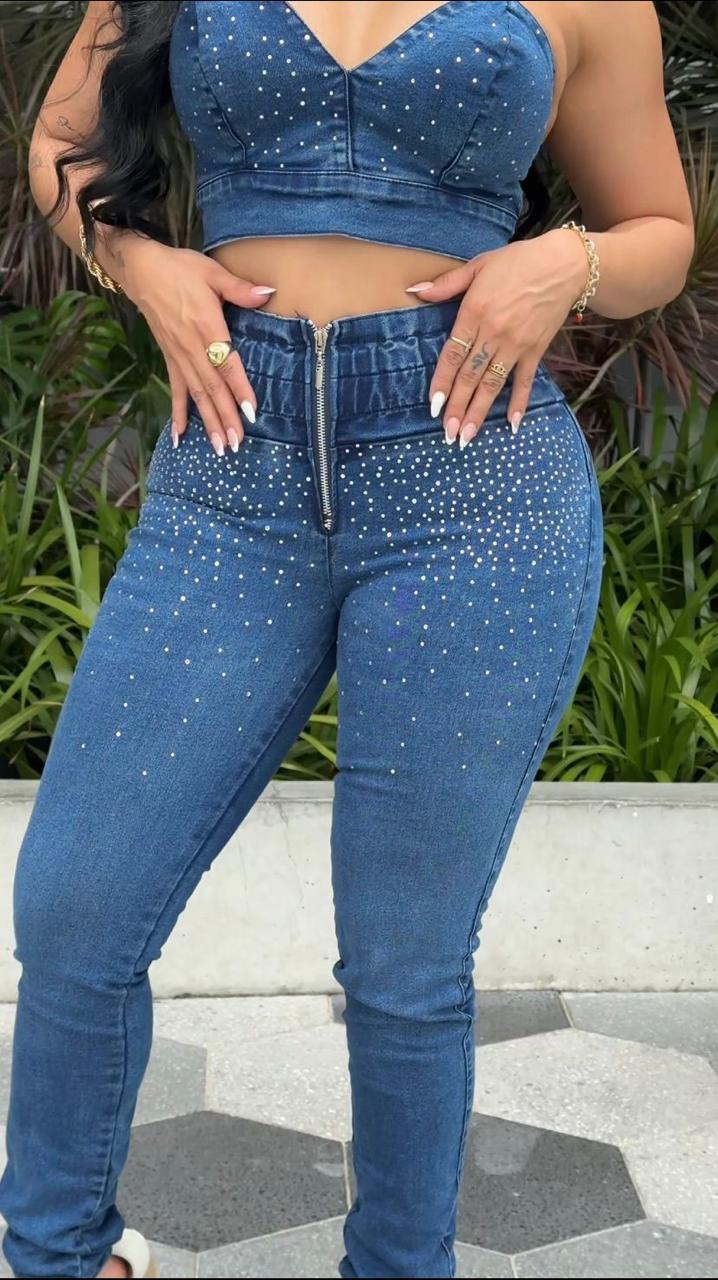Conjunto Jean con Brillo Índigo Stretch | Crop Top y Pantalón Tiro Alto