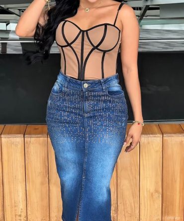 Falda Larga Índigo Stretch con Brillo