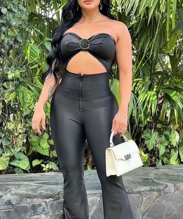 Enterizo Negro Bota Campana en Suplex | Diseño Cut-out con Aro Decorativo