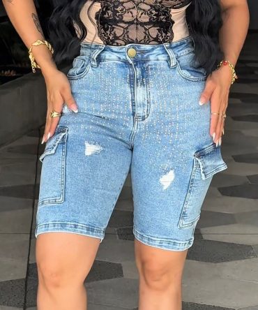 Bermuda Cargo Con Brillo | Índigo Stretch | Bolsillos Laterales | Denim